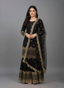 Costume Anarkali traditionnel noir pour femmes avec broderie dorée, longueur au sol, en coton, pour les occasions spéciales, style Inde Pakistan - Product Image 1