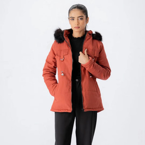 Women's Quilted Parka <b>Jacket</b> With Fur Trim Hood Zipper Closure Winter Outwear Solid Color Thick Warm Coat - Product Image 4