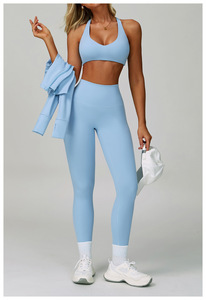 Ensemble de yoga uni pour femme, haut à manches longues avec fermeture éclair quart de tour, short taille haute, respirant, en Spandex et Polyester, sans couture, tenue d'entraînement, ODM OEM - Product Image 2