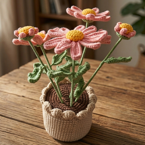กระถางดอกเดซี่สีชมพูถักโครเชต์ทำมือ ของตกแต่งอะมิกุรุมิ พร้อมดอกไม้ไหมพรมถัก สำหรับตกแต่งบ้านหรือโต๊ะทำงาน ของขวัญ - Product Image 3