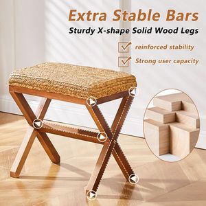 Natural Seagrass Rectangular Ottoman Footstool with Wooden Legs Hand-Woven <b>Footrest</b> for Living Room - Product Image 3