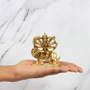 Escultura Artesanal de la Diosa Durga en Latón, 3 Pulgadas, Tono Dorado, Figura de Divinidad Hindú Montada en un León, para Regalo o Decoración - Product Image 3