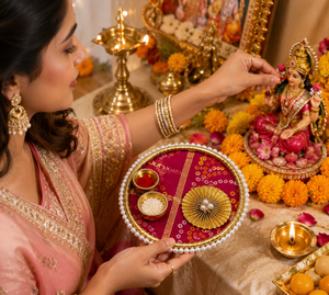 Ensemble de plats Roli Chawal pour Puja, Karwa Chauth et cadeaux de mariage, base en MDF avec tissu décoratif, ensemble de thali fait main - Product Image 5
