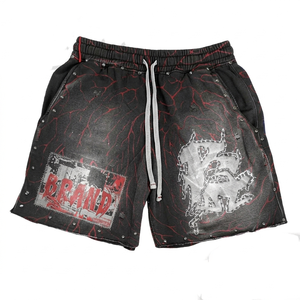 Shorts homme en coton brossé 340 GSM, délavage acide, gris anthracite, molleton doux, logo imprimé en relief, coupe décontractée - Product Image 6