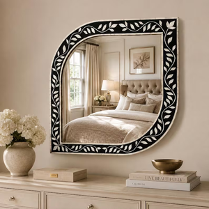 Espejo de pared floral con incrustaciones de hueso hecho a mano – Espejo decorativo artesanal - Product Image 3