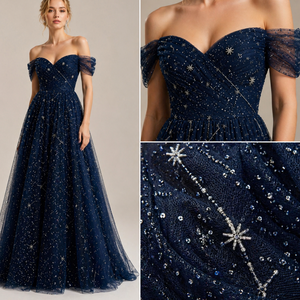 Robe de bal bleu marine luxueuse à épaules dénudées, robe de soirée en tulle ornée d'étoiles |   Tenues de soirée formelles pour femmes |   OEM Inde 2026 Pr - Product Image 6