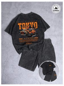 ชุดเซ็ต 2 ชิ้นสไตล์วินเทจ Y2K สำหรับผู้ชาย เสื้อยืดลายกราฟิกแบบวินเทจ กางเกงขาสั้นแบบมีเชือกผูก รับผลิตตามแบบ (OEM) ขายส่งจำนวนมาก - Product Image 1