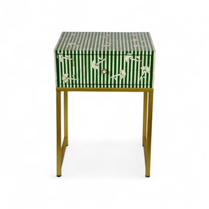 Vintage Green Striped Bone Inlay Work MDF Wardrobe With Metal Stand for Bedside table Decorative Art work For home office - Product Image 4