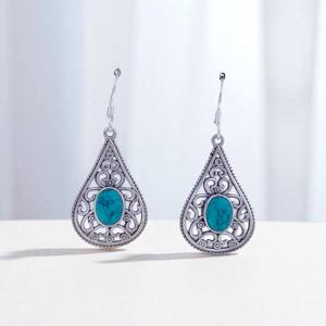 Pendientes de plata de ley 925 con turquesa y piedra lunar, corte ovalado, pendientes de plata atemporales al por mayor, joyería hecha a mano para mujer - Product Image 1