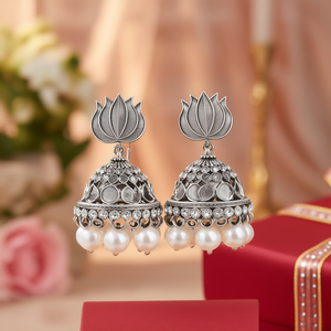 German Silver <b>Lotus</b> Jhumka Drop Earrings with <b>Pearl</b> and Diamond for Wedding Gift - Product Image 3