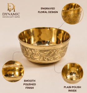 Juego de 6 tazones de latón de 200 ml, hechos a mano, con grabado floral, para servir, vajilla india Katori, acabado dorado - Product Image 2