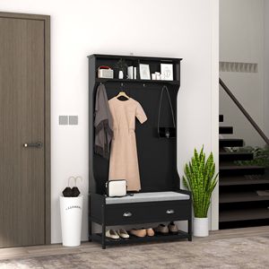Black Hall Tree Organizer with 4 Hooks and 2 Drawers Coat Rack and <b>Padded</b> <b>Bench</b> for Home Entryway Furniture - Product Image 2