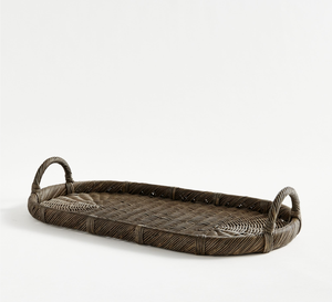 Modern Whitewashed Oval Rattan Tray Artisanal Wicker Storage <b>Basket</b> With Elegant Upright Handles For <b>Coffee</b> <b>Table</b> - Product Image 2