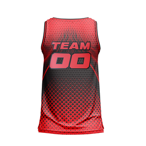 Maillot de basket-ball personnalisé sublimé pour votre équipe, rouge et noir, en mesh, sans manches, unisexe, pour adulte, coupe classique. - Product Image 3