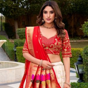 <b>Red</b> Floral Embroidered Lehenga Set Indian Wedding Outfit Heavy Dupatta Printed Stitched With Unstitched <b>Blouse</b> Lehenga Wholesale - Product Image 3