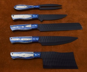 OEM Custom Handmade Stainless Steel 5 Pieces Black Powder Coted Chef <b>Knife</b> <b>Set</b> With Wooden Handle & With Leather Sheath - Product Image 2