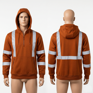เสื้อฮู้ดดี้ทำงานผู้ชาย 340 GSM ผ้าโพลีเอสเตอร์ผสมฝ้ายฟลีซ สีกากี แถบสะท้อนแสงเพื่อความปลอดภัย ปักโลโก้ตามแบบที่กำหนด - Product Image 4