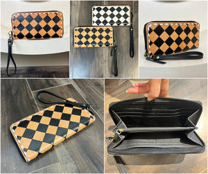 OEM/ODM Custom Hand Tooled Genuine Leather Wristlet Wallet <b>for</b> <b>Women</b> Checkered Pattern Large Capacity Clutch <b>Card</b> <b>Holder</b> Wallets - Product Image 3