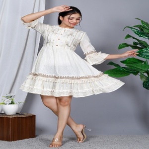 Chic Ivory Cotton Women's Fit and Flare <b>Kurti</b> with Delicate Embroidery Lace Details and Feminine Tiered Design - Product Image 2