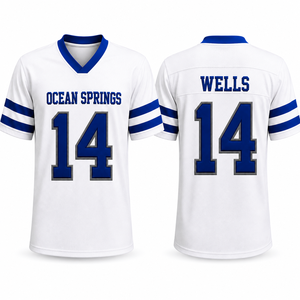 Maillot de football américain brodé sur mesure, col en V, manches courtes, numéro de joueur, nom, logo et patch avec emballage haut de gamme - Product Image 1