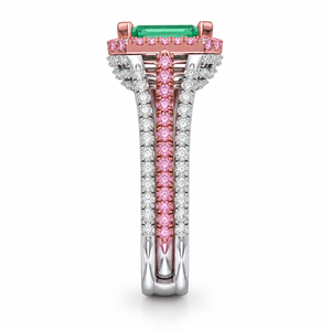 4.0 CTS Fancy Green Emerald Cut Pink Halo <b>Split</b> Band <b>Ring</b> Luxury 14K Yellow Gold IGI Certified Lab Grown Diamond Rhodium Plated - Product Image 2