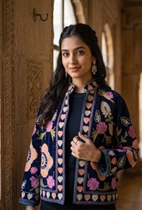 Premium Navy Blue <b>Velvet</b> Suzani Embroidered <b>Jacket</b> with Floral Print Full Sleeve Stand Collar Bohemian <b>Women's</b> Winter Outerwear - Product Image 3