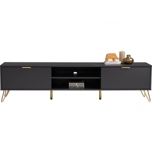 Slim 1.8M <b>Black</b> TV <b>Console</b> with Gold Metal Base for Modern Apartments Mid-Century Wood Media Bench TV Cabinet - Product Image 5