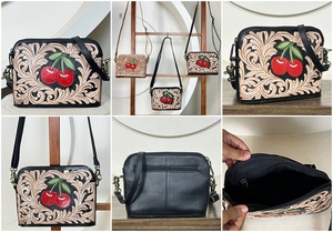 Sac à bandoulière en cuir véritable fait main pour femme, motif floral cerise, style western, service OEM - Product Image 3