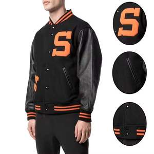 Chaqueta Varsity Negra para Hombre con Logotipo Naranja en el Frente, Estilo Casual, Transpirable, Ecológica, de Lana/Poliéster, para Invierno - Product Image 4
