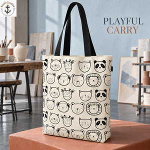 Animal Face Print Canvas Tote with Black Long Handles | Natural <b>Cream</b> Shopping <b>Shoulder</b> <b>Bag</b> for Daily Carry and Travel Use - Product Image 4
