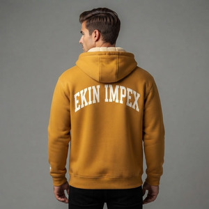 Sudadera con capucha de forro polar amarillo mostaza para hombre con logotipo personalizado – Sudadera con capucha y bolsillos canguro con logotipo personalizado - Product Image 4