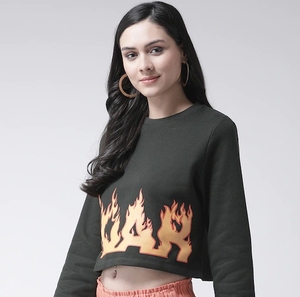 Sudadera de Cuello Redondo para Mujer, Estampado de Llamas Negras, Corte Regular, Manga Larga, Informal, Tejida, 100% Algodón, Ropa de Otoño - Product Image 2