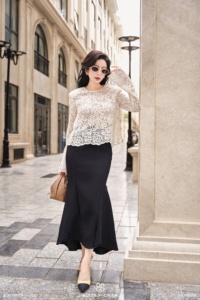 Women's Feminine <b>Long</b>-Sleeve Lace Blouse EMBERLY Vietnam 100% Polyester Regular Lace trumpet Sleeve Breathable - Product Image 6