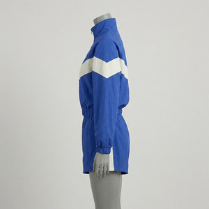 Ensemble de shorts sportifs 2 pièces pour femmes, bleu et blanc, à blocs de couleur, avec col à capuche et manches longues, coupe classique, style urbain, pour l'hiver - Product Image 2