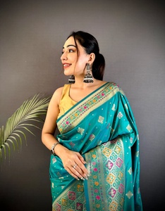 Turquoise Silk Blend Saree Zari Jacquard Banarasi Style <b>Sari</b> with Matching <b>Blouse</b> for Wedding Party Diwali - Product Image 1