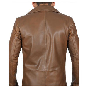 Brown Genuine Leather Long Trench <b>Coat</b> Notched Collar <b>Single</b> <b>Breasted</b> Button Closure Casual Autumn Outerwear - Product Image 6