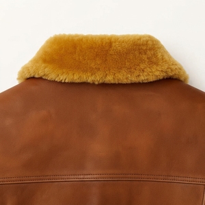 Unisex <b>Brown</b> Genuine <b>Leather</b> <b>Jacket</b> with Faux Fur Turn-down Collar Hooded Zipper Closure Eco-Friendly Autumn Wear Front Logo - Product Image 5