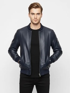 เสื้อแจ็คเก็ตบอมเบอร์หนังสีน้ำเงินกรมท่าสำหรับผู้ชาย - Product Image 1