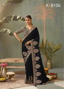 Sari élégant en organza de soie brodé avec des paillettes et des fils, chemisier en soie mono banglori, vêtements ethniques de créateur. - Product Image 4