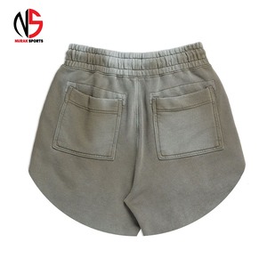 Shorts décontractés pour hommes à taille mi-haute avec cordon de serrage, en toile de coton polyester 300g, délavé à l'acide, style vintage, avec logo personnalisé, séchage rapide - Product Image 5