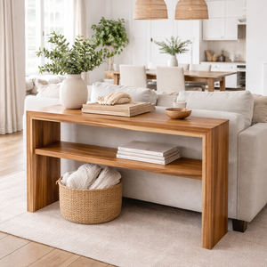 Table console élégante et moderne en bois massif écologique, durable et raffinée, avec étagère à double niveau, pour appartement de luxe. - Product Image 5