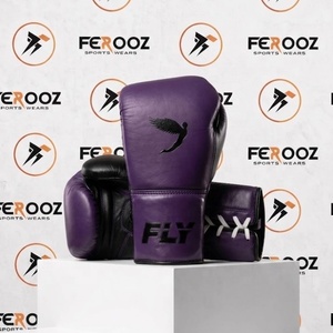 Gants de boxe professionnels OEM en cuir véritable violet et noir, fermeture à lacets et auto-agrippante, pour entraînement et sparring - Product Image 1
