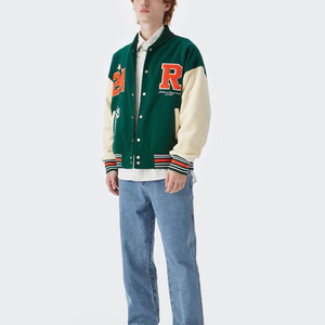 Veste Varsity Homme Verte Broderie Lettre R 24 Style Preppy Col Montant Coupe Droite Hiver Coupe-Vent Tissu PU Polyester - Product Image 1