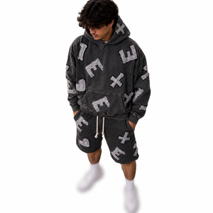 Custom Acid Wash Sepaling Hoodod Tracksuit <b>Aesthetic</b> Cotton Patchwork Jogger Matching Distress Print For Men <b>Hoodies</b> Shorts Set - Product Image 2