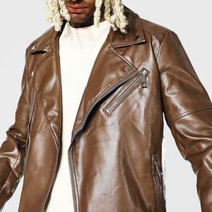 Chaqueta de Motociclista de Cuero Genuino Marrón para Hombre, Cuello Camisero, Cierre de Cremallera, Corte Regular, Color Sólido, para Otoño - Product Image 6