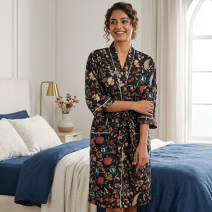 Bata Kimono de Algodón con Estampado Floral Negro para Mujer, Cuello en V, Ropa de Estar por Casa, Bata de Baño de Manga Larga con Cinturón y Bolsillos - Product Image 2