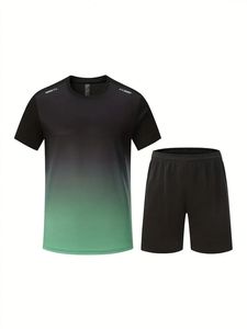 Men Summer Quick Dry Sports Jersey and Running Shorts <b>Set</b> Gradient Color Breathable Front Logo Crew Neck Polyester Team Wear - Product Image 3