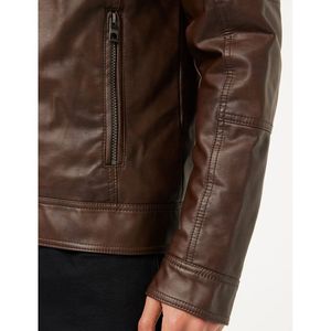 Blouson moto en cuir marron pour homme, fermeture éclair, col rabattable, coupe classique, couleur unie, vêtement d'extérieur pour l'automne - Product Image 4