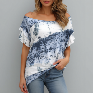 Off-Shoulder <b>Distressed</b> Graphic Knitted Polyester T-Shirt Womens Casual Regular Fit Fashion Streetwear Patchwork Logo <b>Top</b> - Product Image 3