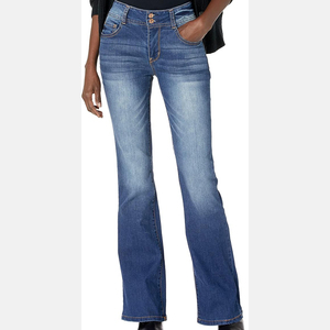 Distress Blue Washed Women Jeans <b>Pants</b> High Quality Flare Bottom Mid Waist Women's Denim <b>Pants</b> With OEM ODM Service - Product Image 2